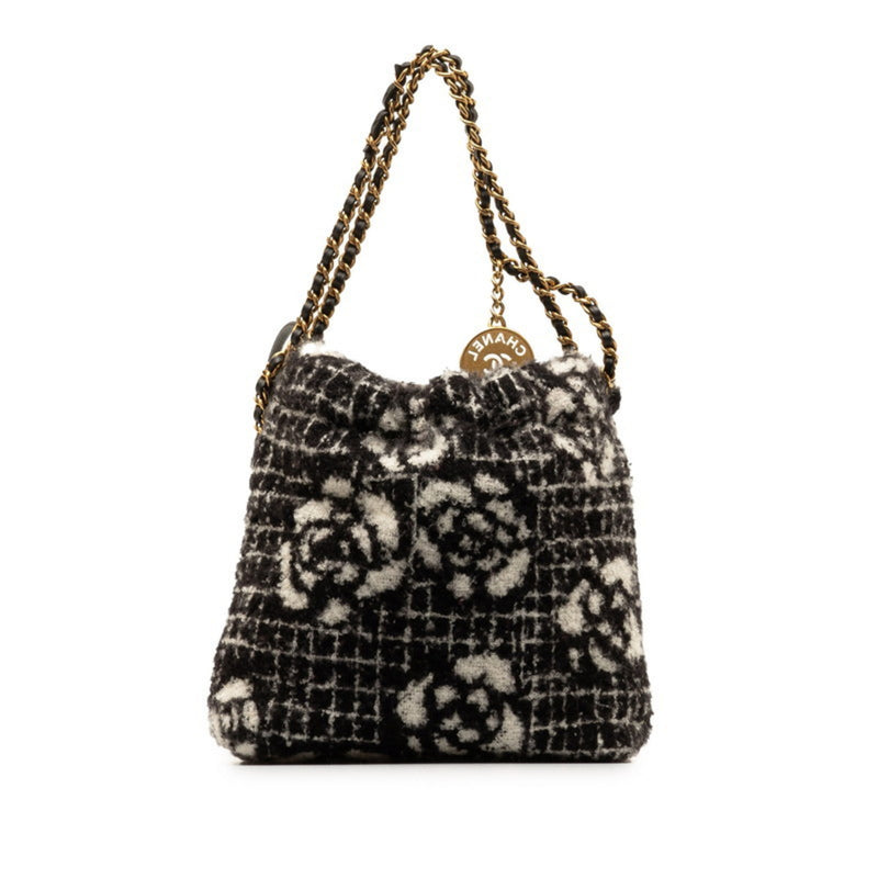 Chanel Camellia Coco Mark Chain Tote Bag Shoulder Black White Cotton Women's CHANEL