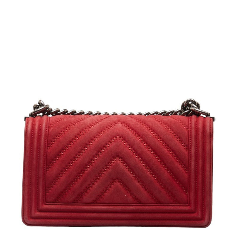 Chanel Boy Coco Mark Chain Shoulder Bag Red Silver Suede Women's CHANEL