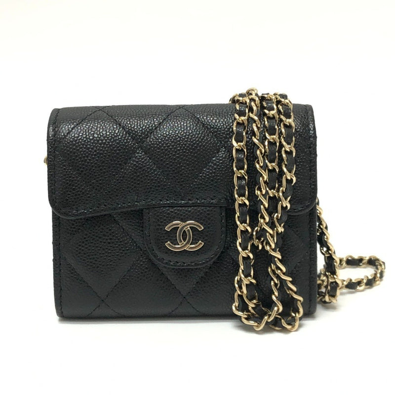 CHANEL AP0238 Coco Mark Matelasse Chain Wallet Pochette Shoulder Bag Caviar Skin Women's Black