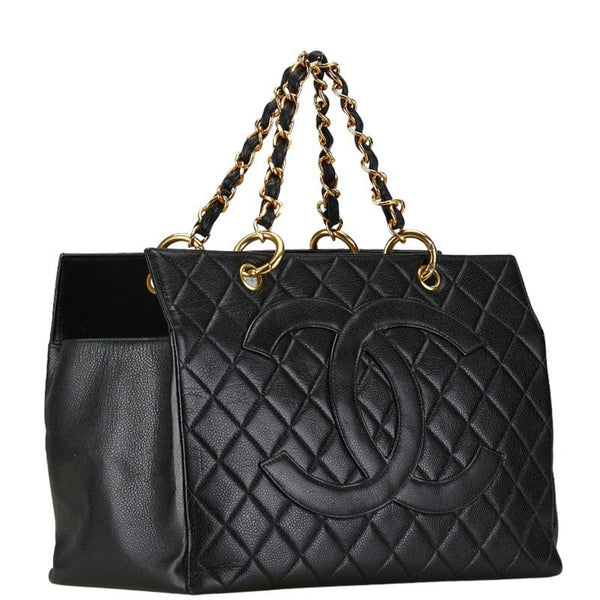 CHANEL Matelasse Coco Mark Chain Tote Bag Black Caviar Skin Women's