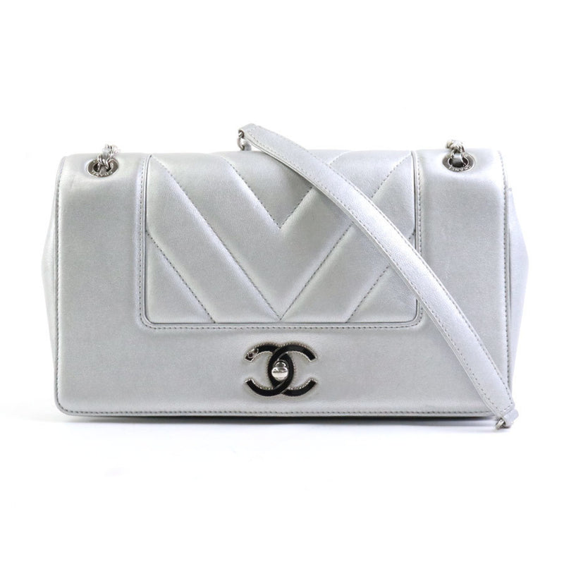 CHANEL Shoulder Bag V Stitch Leather/Metal Silver Women's