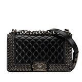 CHANEL BOY CHAIN SHOULDER BAG BLACK LAMBSKIN WOMEN'S