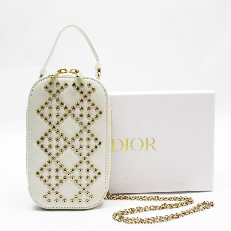 Christian Dior Phone Folder Shoulder Bag Leather/Metal Off-White/Gold Women's w0151g