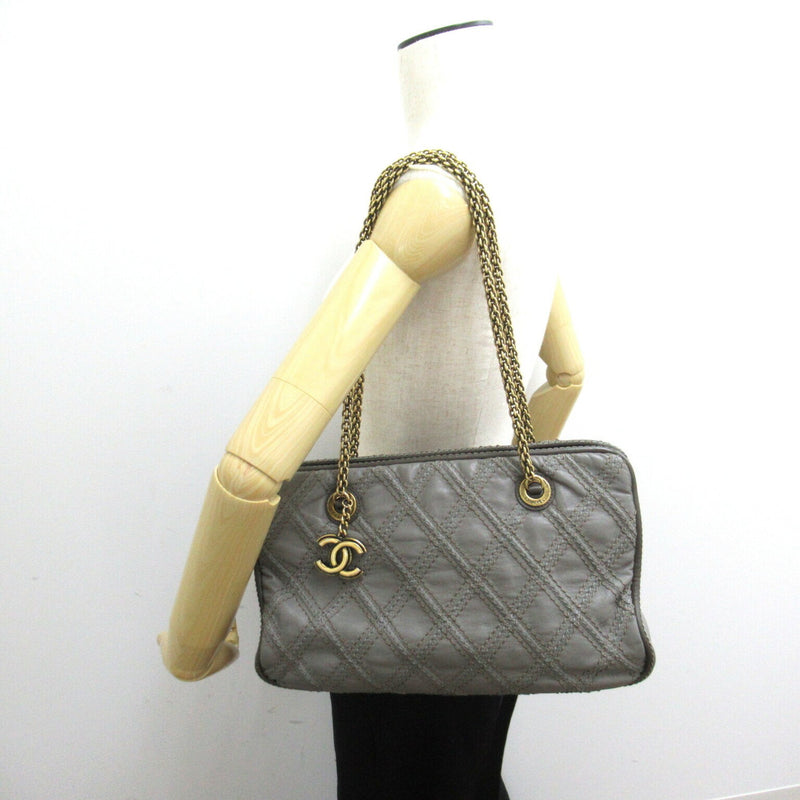 CHANEL Chain Shoulder Bag Leather Women's Grey