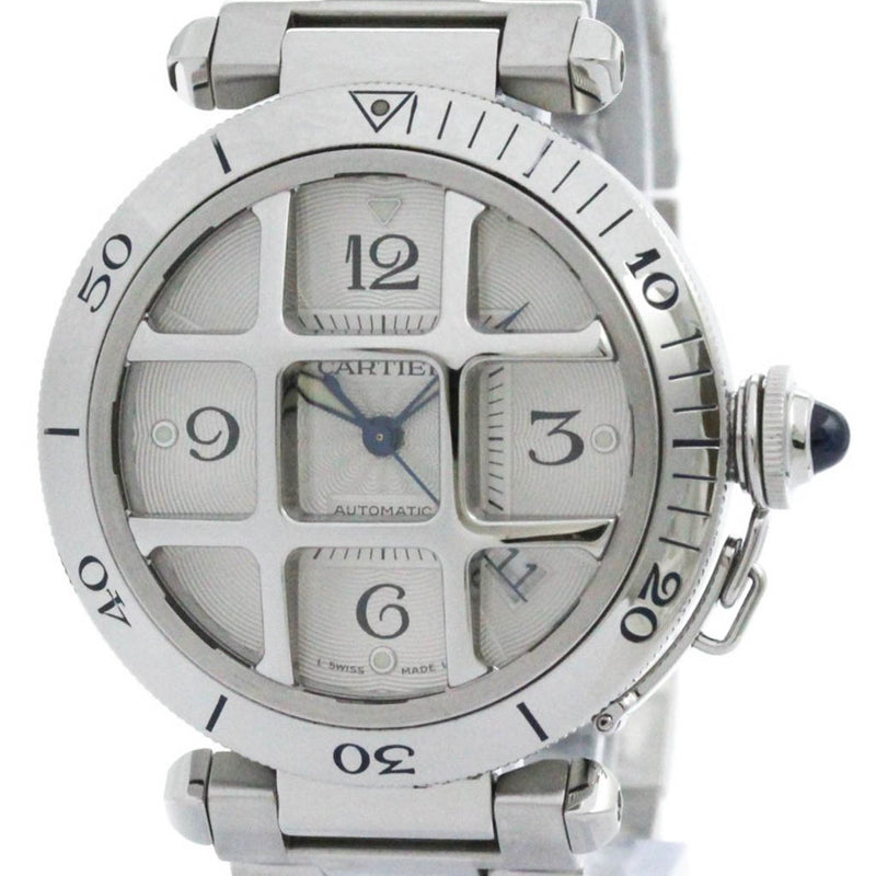 Polished CARTIER Pasha 38 Grid Steel Automatic Mens Watch W31059H3 BF574146