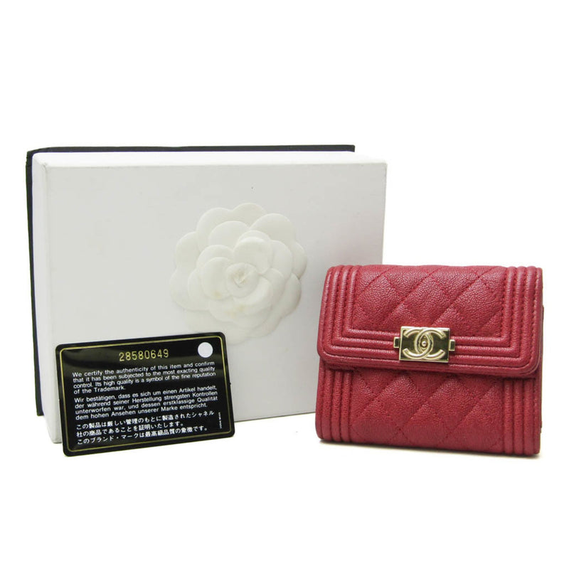 Chanel Boy Chanel Women's Caviar Leather Wallet (tri-fold) Red Color