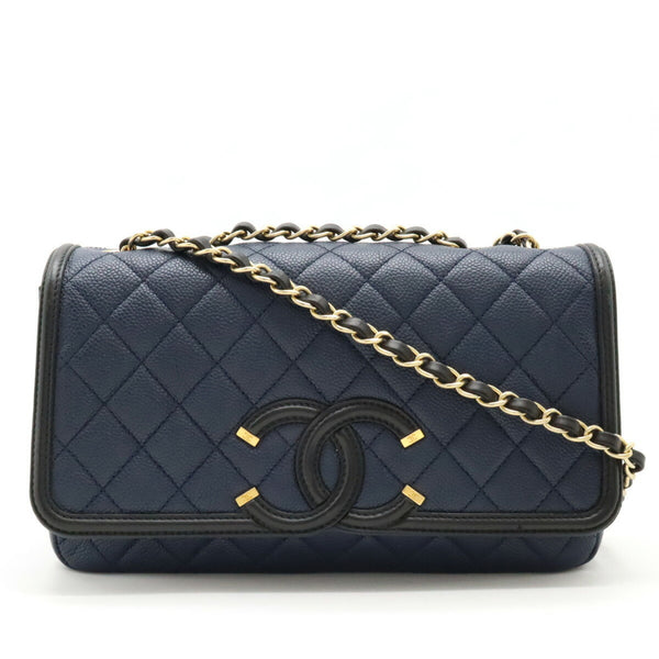 CHANEL CC Filigree Flap Bag Chain Shoulder Caviar Skin Leather Navy A93340