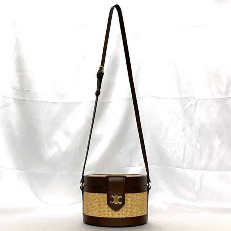 Celine Tambour Shoulder Bag f-21487 Beige Brown Triomphe Bucket Straw Leather CELINE Round Cylinder Shape Women's