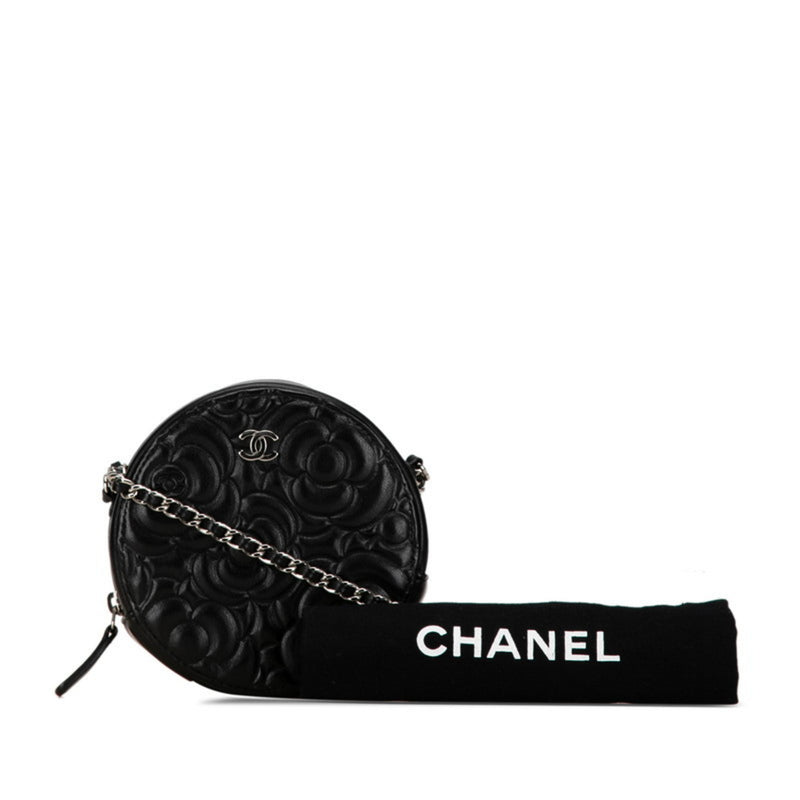 Chanel Camellia Round Chain Pochette Shoulder Bag Black Leather Women's CHANEL