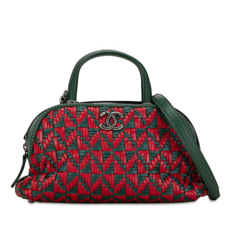 Chanel Coco Mark Boston Bag Shoulder Green Red Leather Women's CHANEL