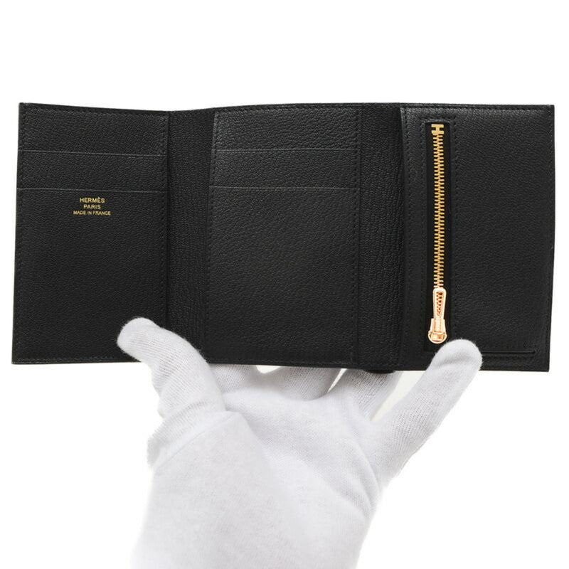 Hermes Bearn Combination Tri-fold Wallet Chevre Black Rose B Stamp