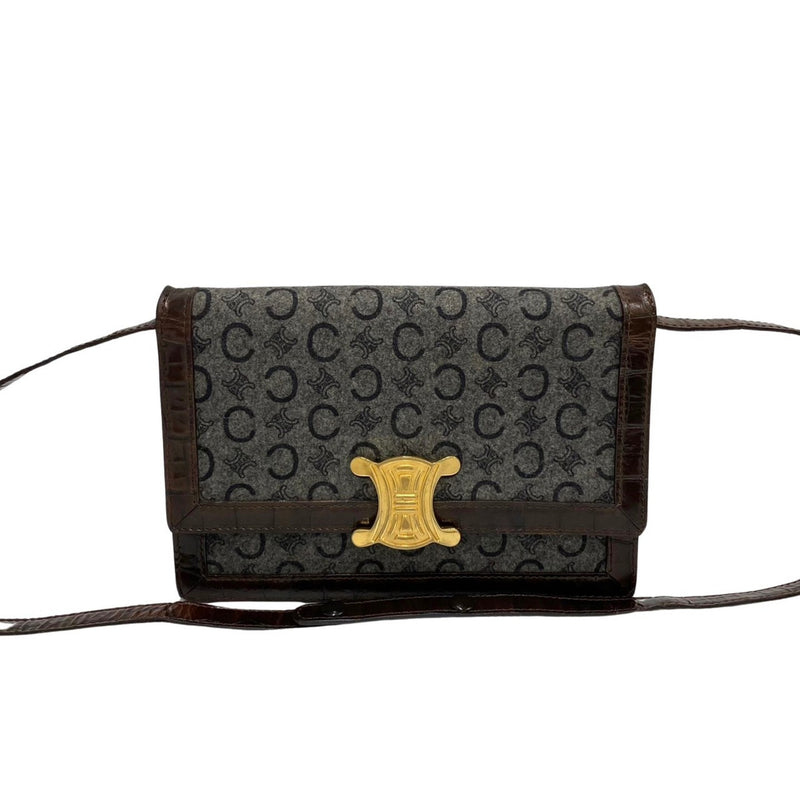 CELINE C macadam pattern logo metal fittings leather genuine wool mini shoulder bag pochette brown gray