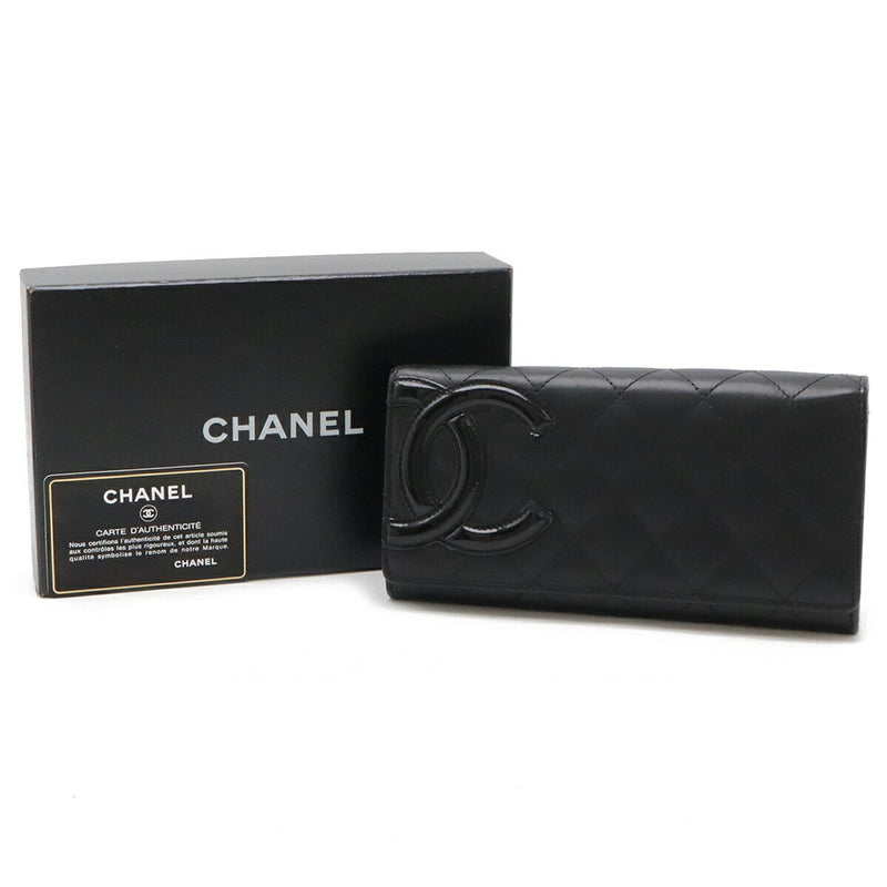 CHANEL Cambon Line Coco Mark Bi-fold Long Wallet Soft Calf Leather Enamel Black Pink A50077