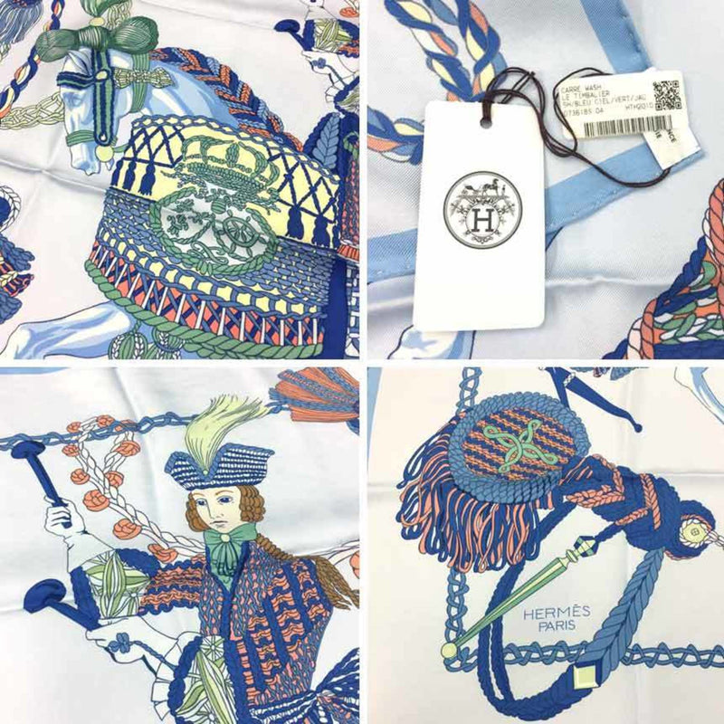 HERMES Carre Wash 90 LE TIMBALIER Timpani Player Blue Ciel/Green/Jaune Pearl 100% Silk Scarf Muffler aq5852