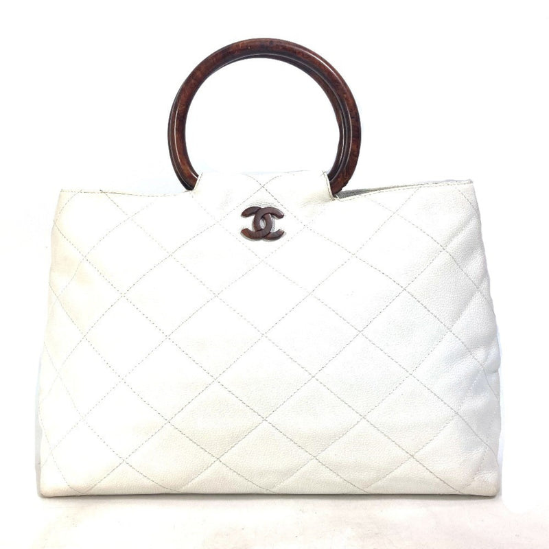 Chanel Matelasse Quilted Wood handle bag Tote Bag Hand Bag White Brown