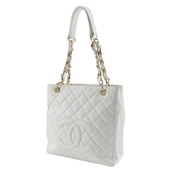 CHANEL PST Chain Tote Shoulder Bag Caviar Skin White A5 Snap Button Women's