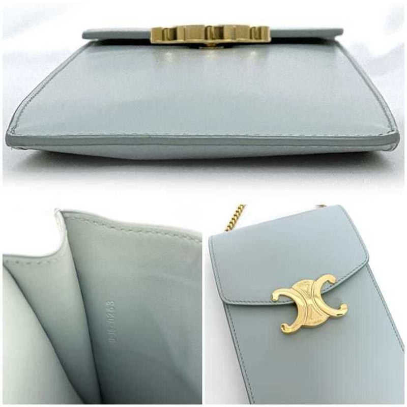 Celine Chain Shoulder Bag Vertical Mobile Pouch Light Blue Triomphe 10J133DPV.07SZ Pochette Shiny Calf Leather CELINE Flap Compact