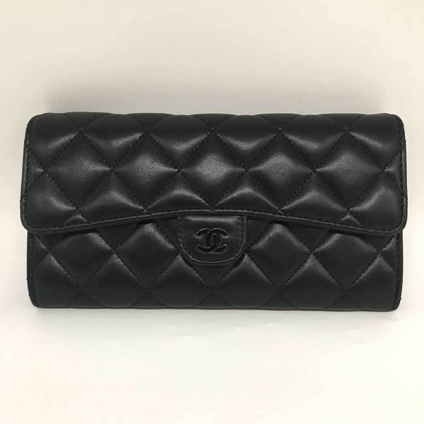 Chanel Long Flap Wallet Lambskin Matelasse Black Bi-fold