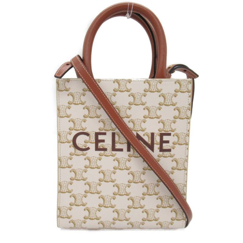 CELINE Vertical Cabas 2way Shoulder Bag White Brown PVC coated canvas