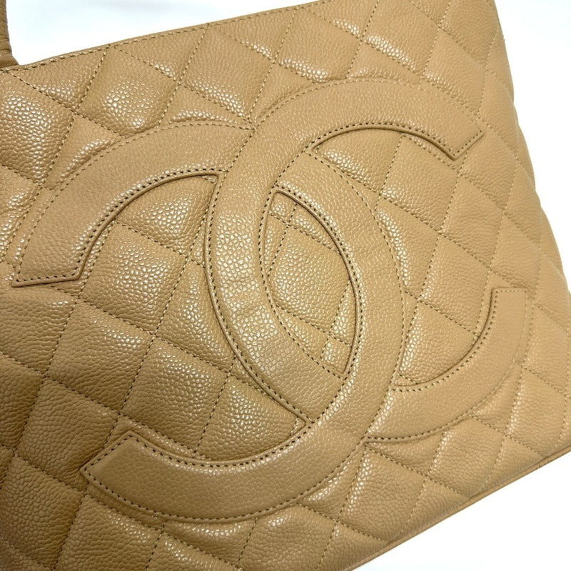 CHANEL A01804 CC Coco Mark Reprint Tote Bag Caviar Skin Women's Beige