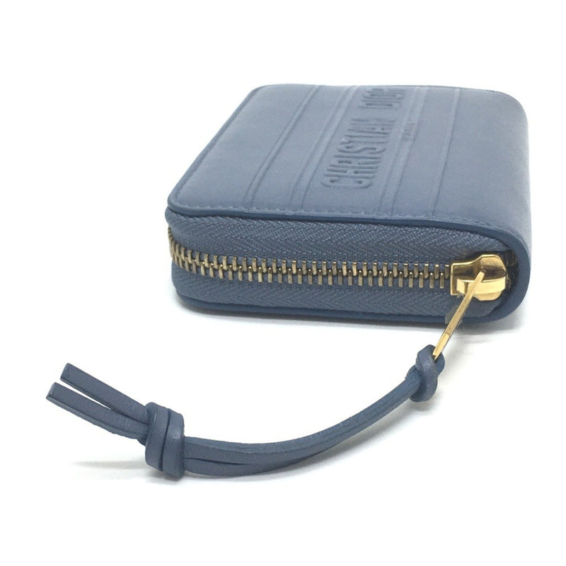 Christian Dior Dior Striped Wallet Round Zipper Coin Case Leather Ladies Denim Blue