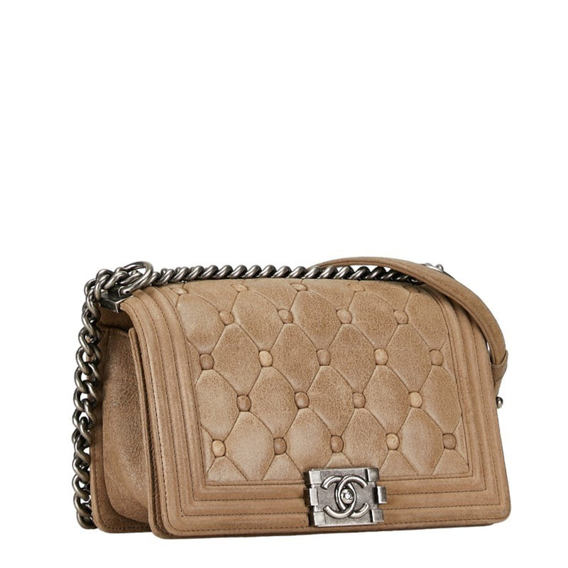 Chanel Boy Coco Mark Chain Shoulder Bag Beige Leather Women's CHANEL