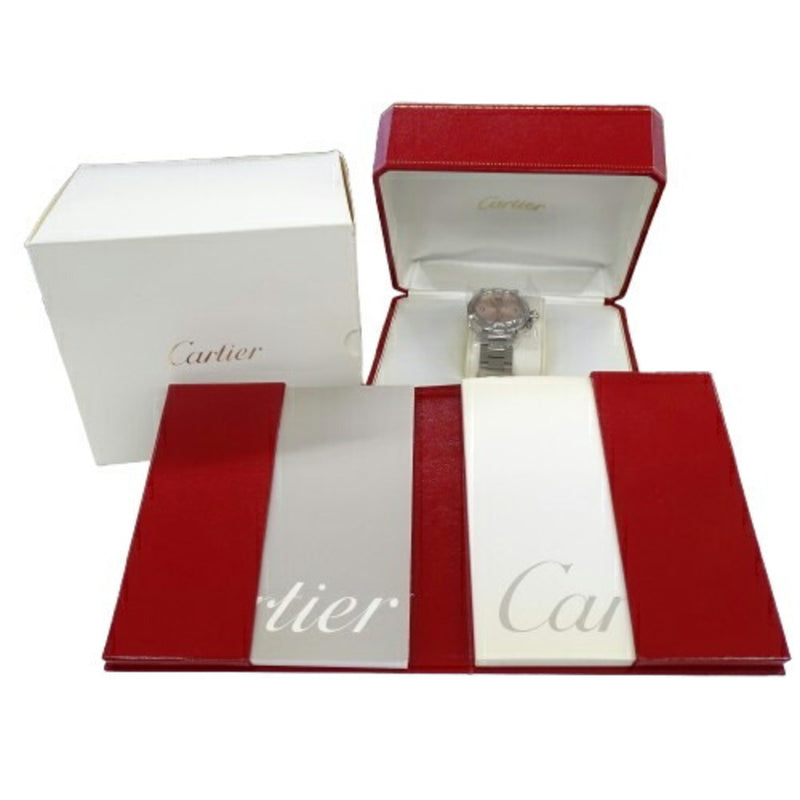 Cartier Pasha C Big Date Automatic Watch for Boys AT Stainless Steel SS W31058M7 Silver Pink Round Polished