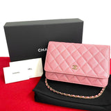 CHANEL Caviar Skin Matelasse Leather Chain Shoulder Bag Wallet Pink 15560