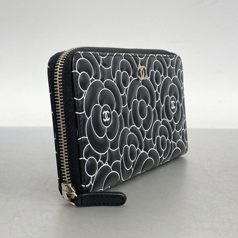 Chanel Long Wallet Camellia Lambskin Black White Women's