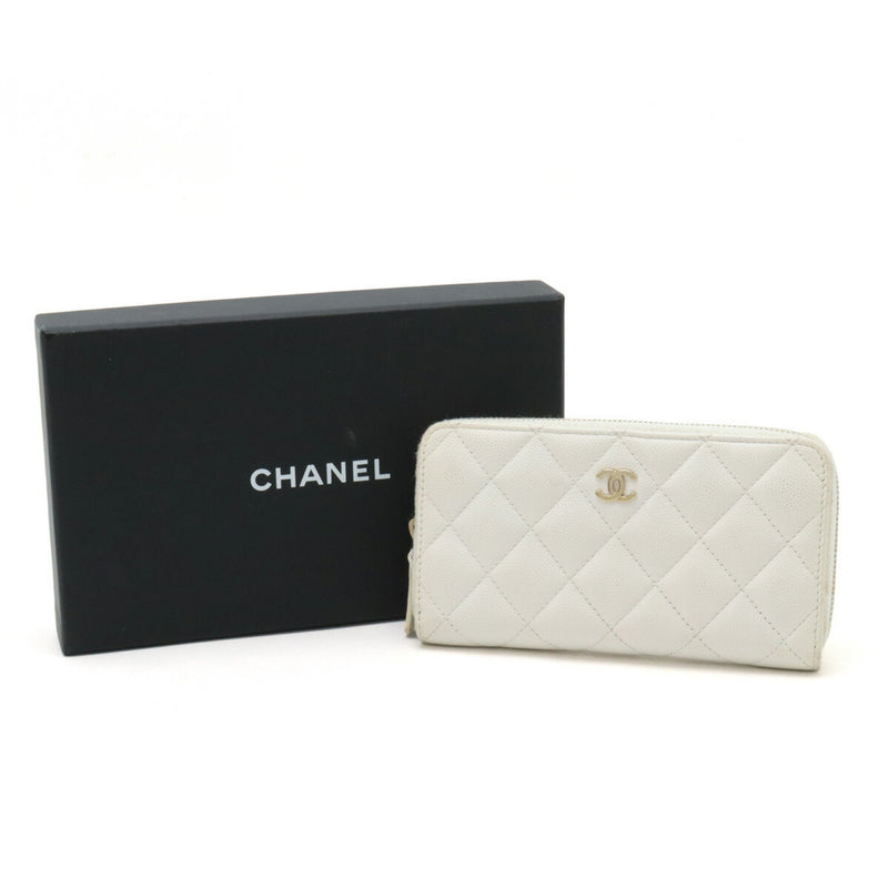 CHANEL Chanel Matelasse Coco Mark Small Zip Wallet Round Caviar Skin Leather White AP0226