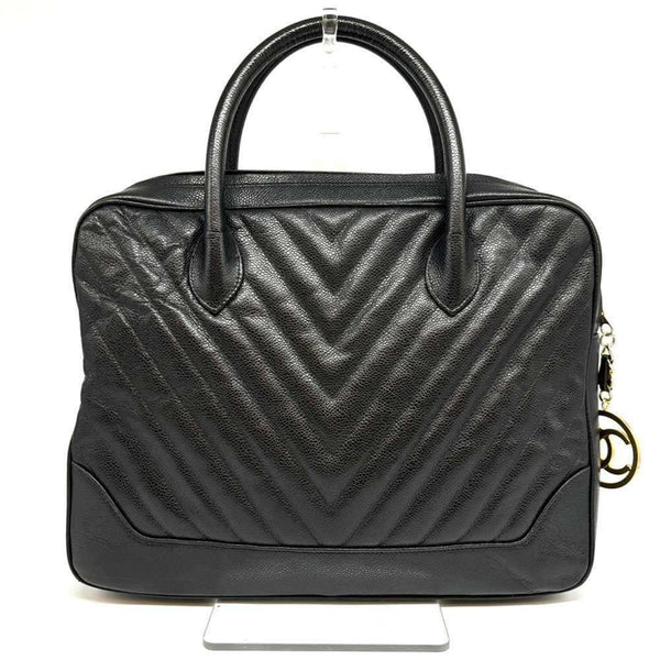 Chanel Caviar Skin Handbag Chevron V Stitch Black Leather CHANEL