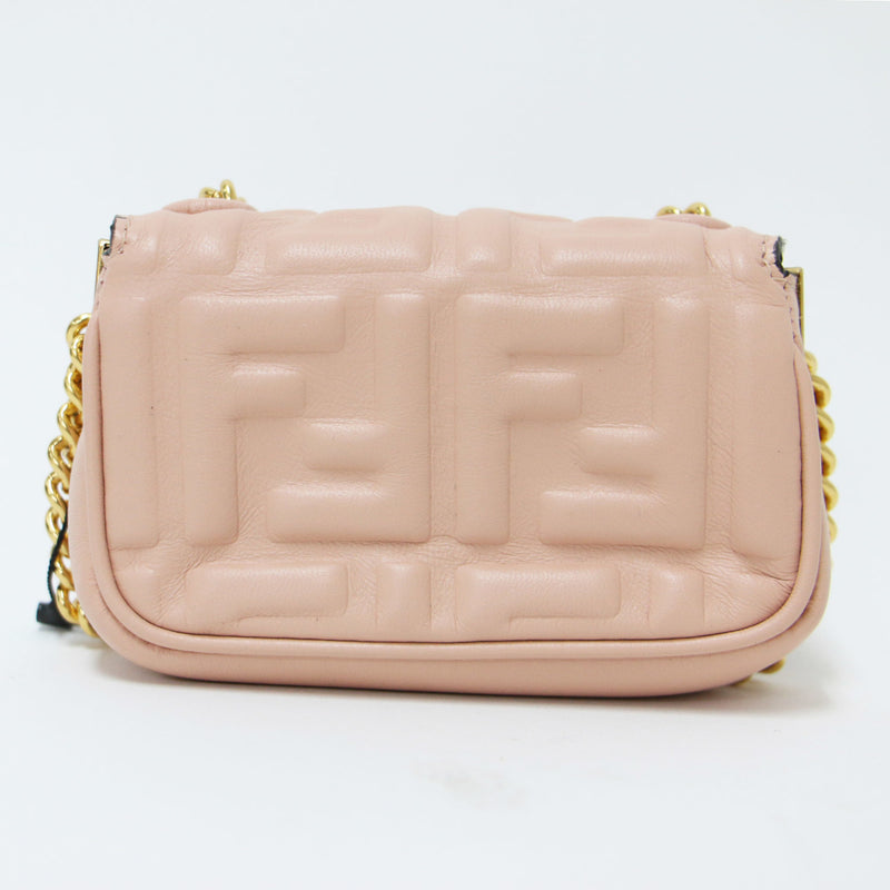 FENDI Bag Shoulder 2WAY Pink Gold Mini Flap FF Pattern Embossed Leather Nano Bucket Chain Elegant Feminine