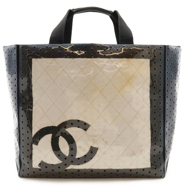 CHANEL Chanel Sport Line Coco Mark Punching Tote Bag Large Vinyl Canvas Navy Blue White