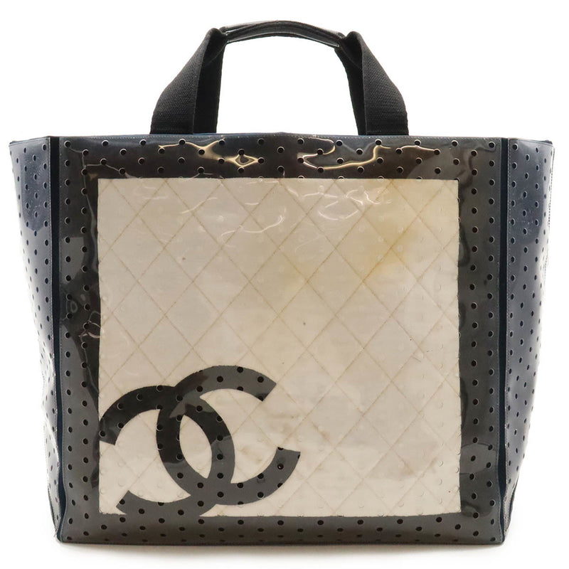 CHANEL Chanel Sport Line Coco Mark Punching Tote Bag Large Vinyl Canvas Navy Blue White