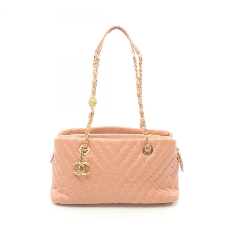 CHANEL Chevron V-stitch Tote Bag Leather Women's Pink