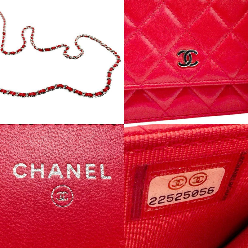 CHANEL Chain Wallet Lambskin Red Silver Women's n0508