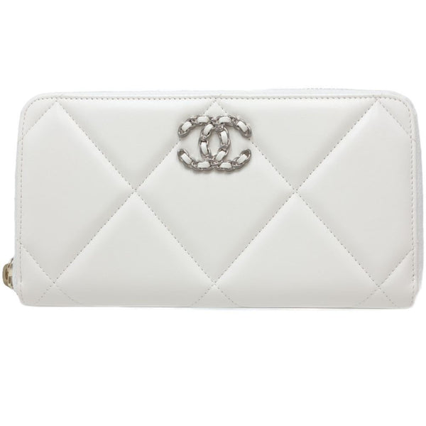 CHANEL 19 Round Zipper Matelasse CC Mark AP1063 Long Wallet Leather White 083407