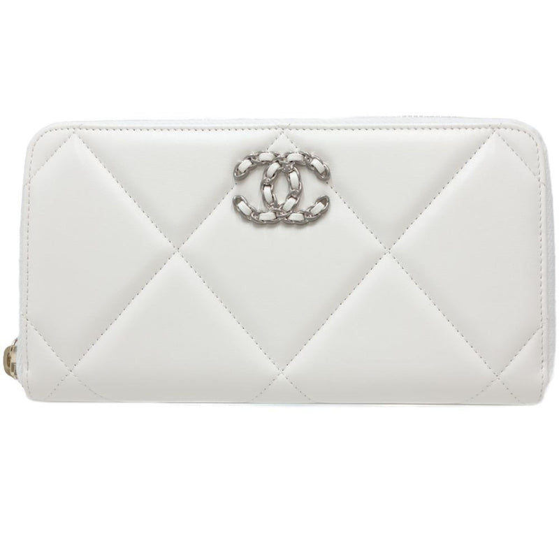 CHANEL 19 Round Zipper Matelasse CC Mark AP1063 Long Wallet Leather White 083407