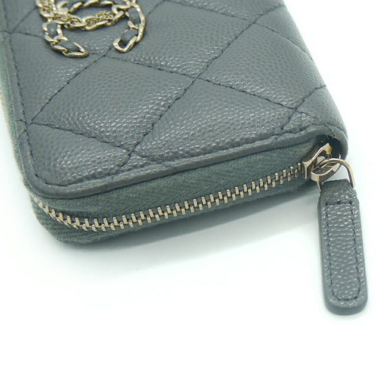 CHANEL Matelasse Zip Coin Purse Coco Mark Caviar Skin Gray Case Y03255