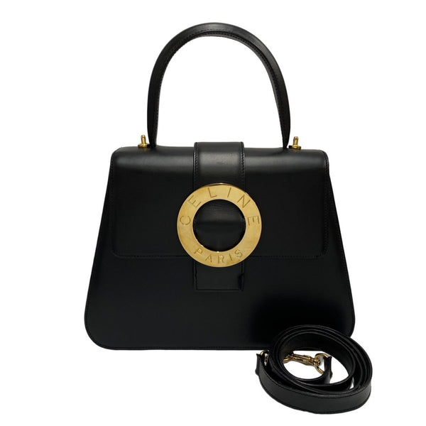 CELINE Circle Logo Metal Fittings Calf Leather Genuine 2way Shoulder Bag Handbag Black