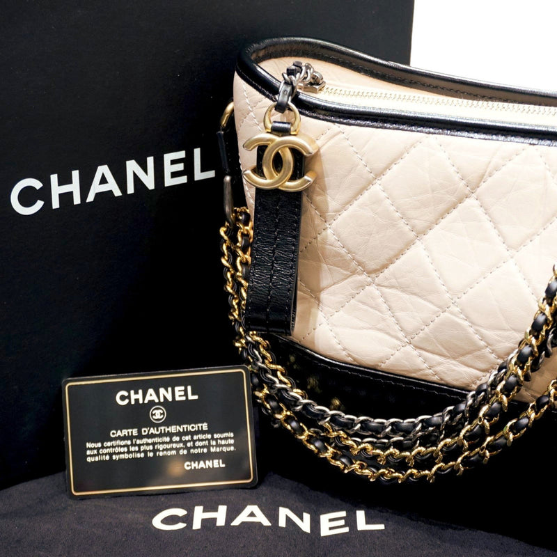 CHANEL Gabriel Chain Bag A93824 Shoulder Beige/Black Leather D155 Women's Men's Bags