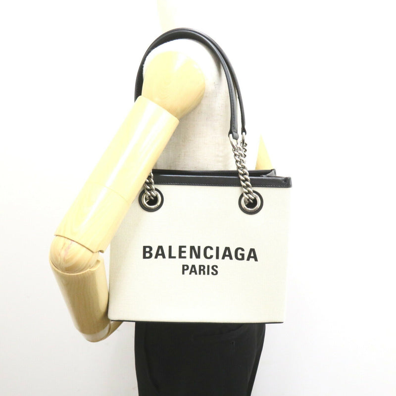 BALENCIAGA Duty Free Small Tote Bag Cotton Leather Women's White Black 759941 2AA