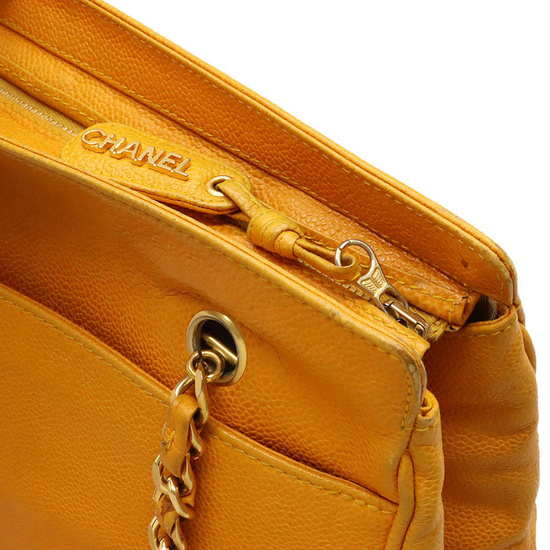 CHANEL Coco Mark Triple Chain Shoulder Bag Tote Caviar Skin Leather Yellow