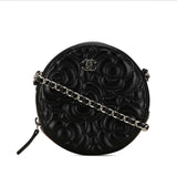 Chanel Camellia Round Chain Pochette Shoulder Bag Black Leather Women's CHANEL