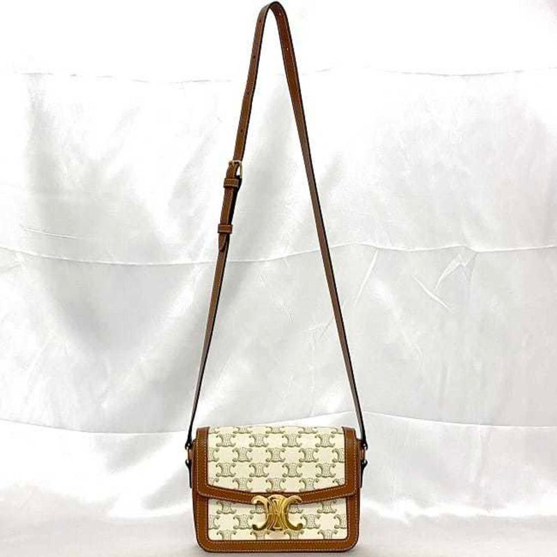 Celine Shoulder Bag f-21151 White Brown Triomphe 188882 Flap PVC Leather CELINE Women's Compact