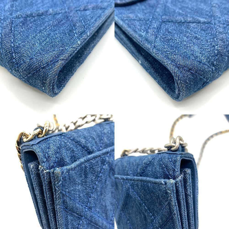 Chanel Bag 19 Chain Shoulder Blue x Pochette Smartphone Pouch Crossbody Women's Denim Canvas CHANEL