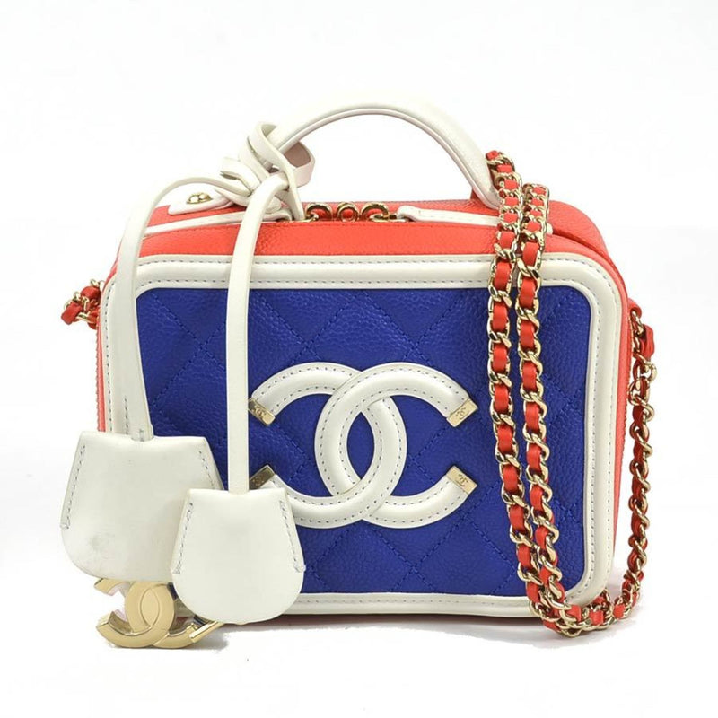 CHANEL Crossbody Shoulder Bag CC Figly Caviar Skin Leather Blue x White Orange Women's A93342