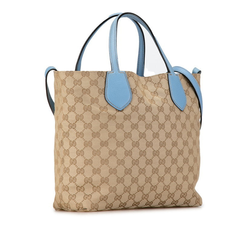 Gucci GG Canvas Reversible Tote Bag Shoulder 370825 Beige Light Blue Leather Women's GUCCI