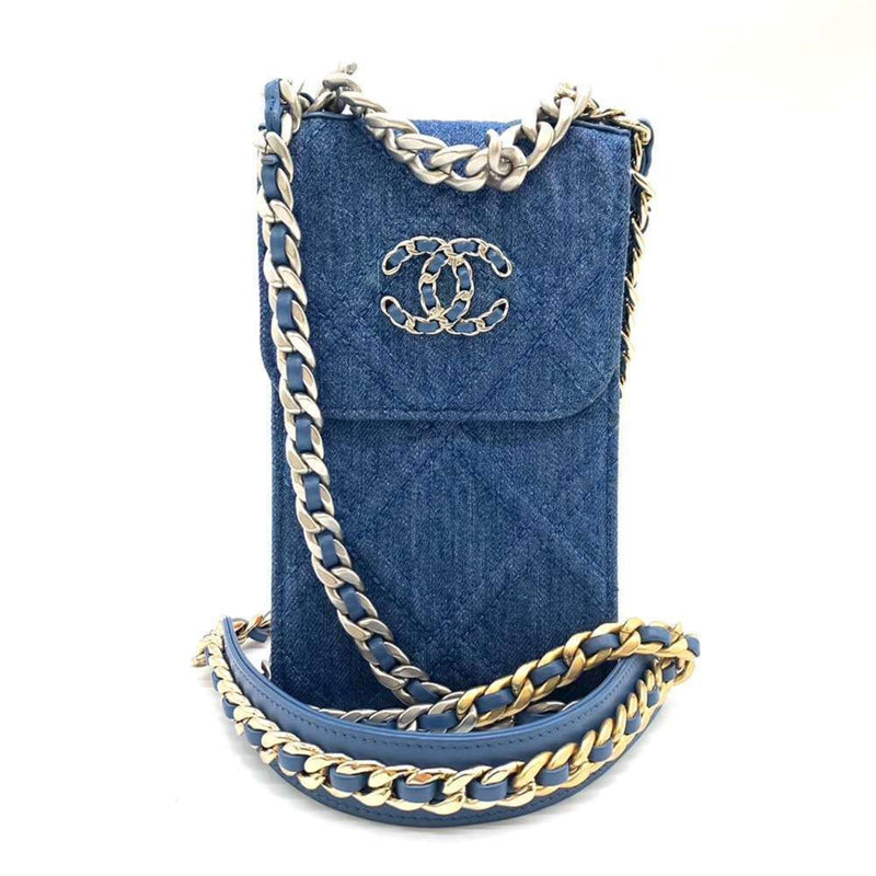 Chanel Bag 19 Chain Shoulder Blue x Pochette Smartphone Pouch Crossbody Women's Denim Canvas CHANEL