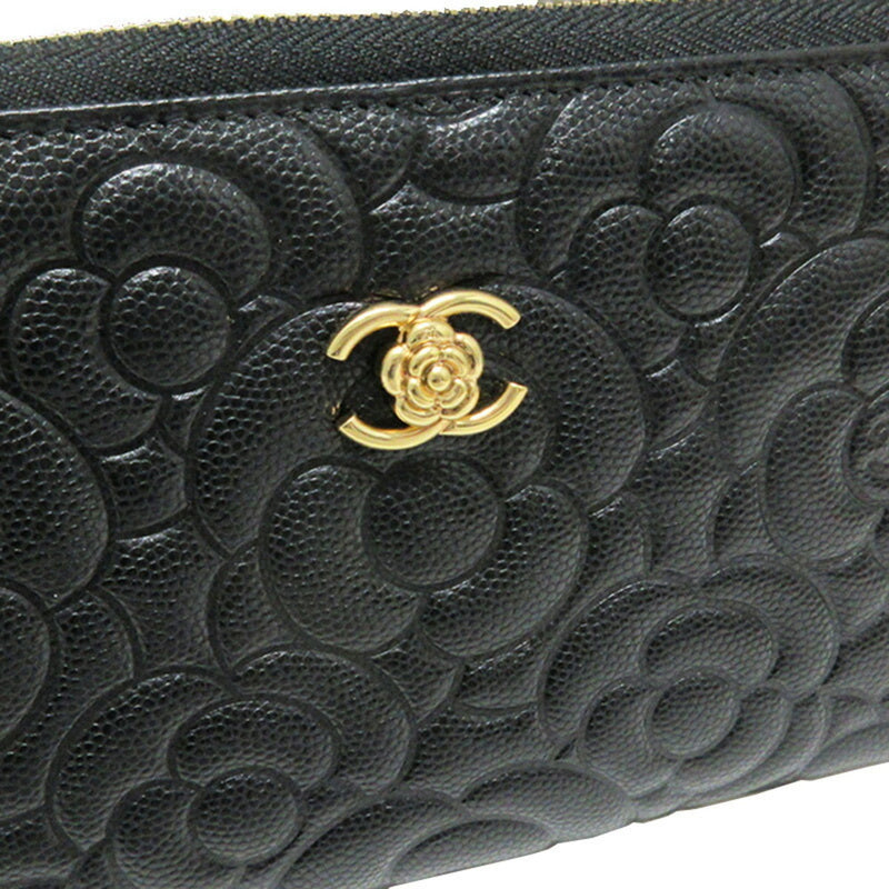 CHANEL Camellia Caviar Skin Round Long Wallet for Women in Black Calf Leather